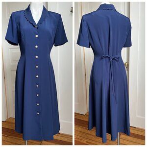 Classic Navy Scallop-Edge Button Front Dress